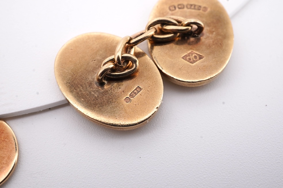 A pair of Elizabeth II 18ct gold oval cufflinks, engraved with lion's head crest, S.J. Rose & Son, Birmingham, 1973, 22 grams. Condition - fair